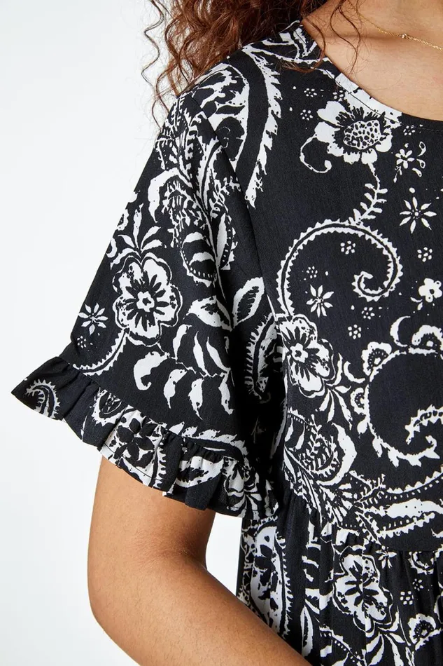 Women Black Paisley Floral Tiered Smock Dress Roman Dresses