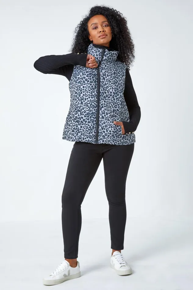 Women Black Petite Animal Print Quilted Gilet Roman Coats