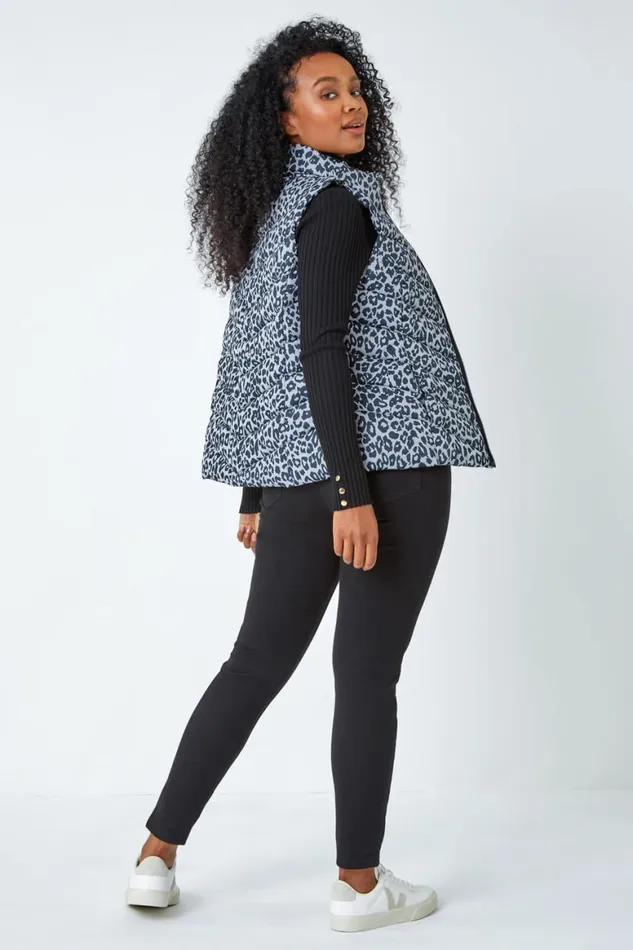 Women Black Petite Animal Print Quilted Gilet Roman Coats