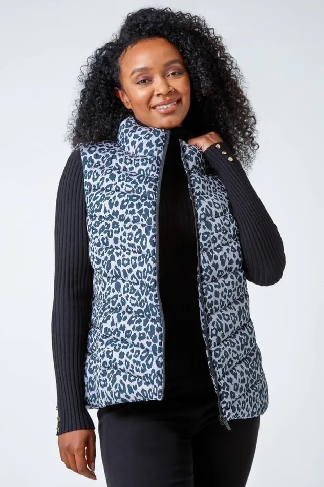 Women Black Petite Animal Print Quilted Gilet Roman Coats