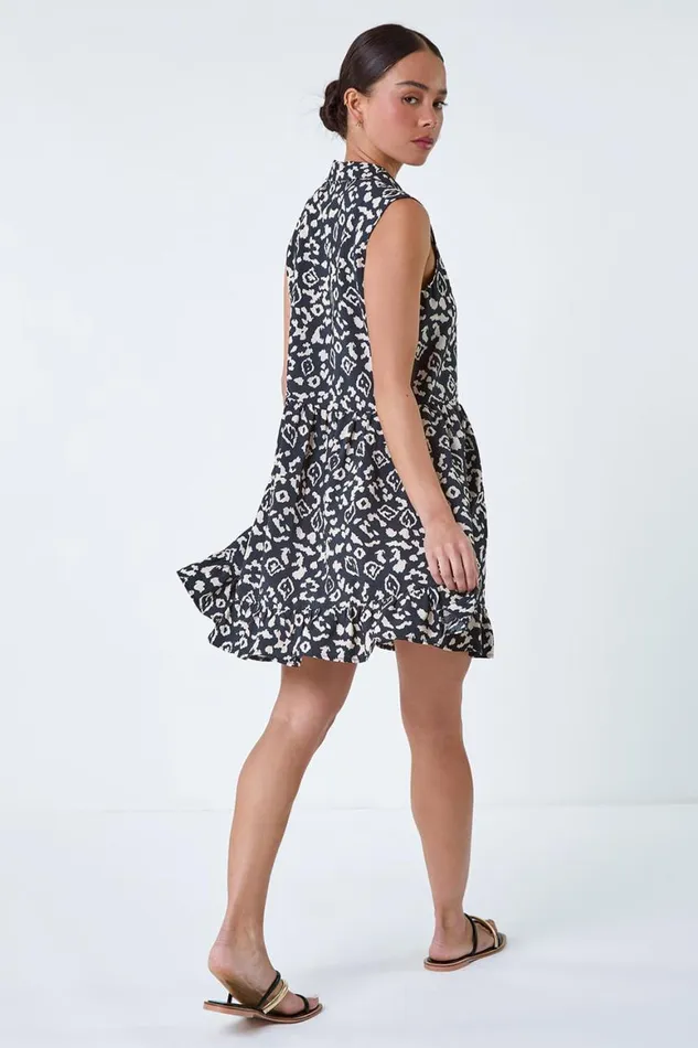 Women Black Petite Aztec Frill Hem Tunic Dress Roman Dresses