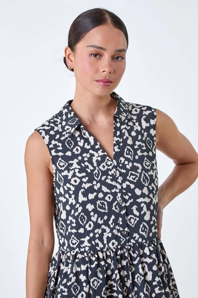 Women Black Petite Aztec Frill Hem Tunic Dress Roman Dresses