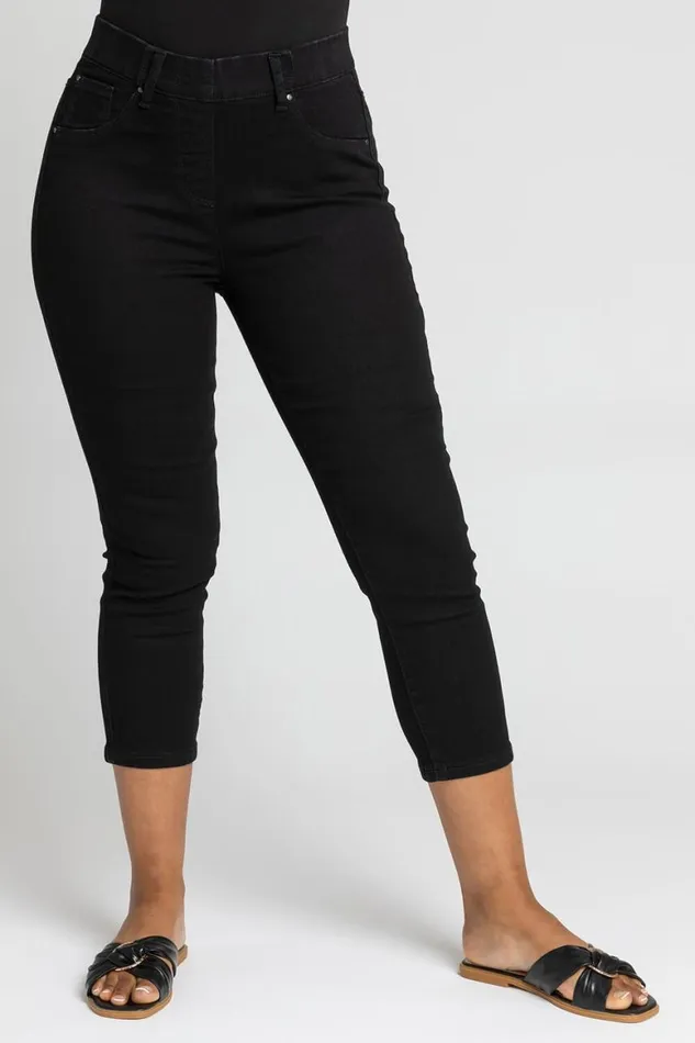 Women Black Petite Elastic Waist Denim Cropped Jegging Roman Trousers
