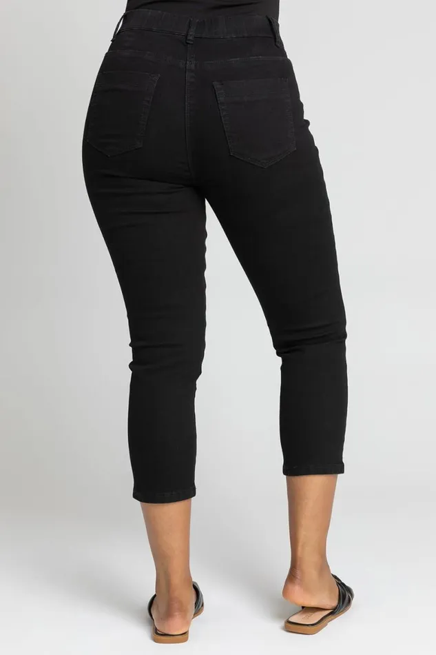 Women Black Petite Elastic Waist Denim Cropped Jegging Roman Trousers