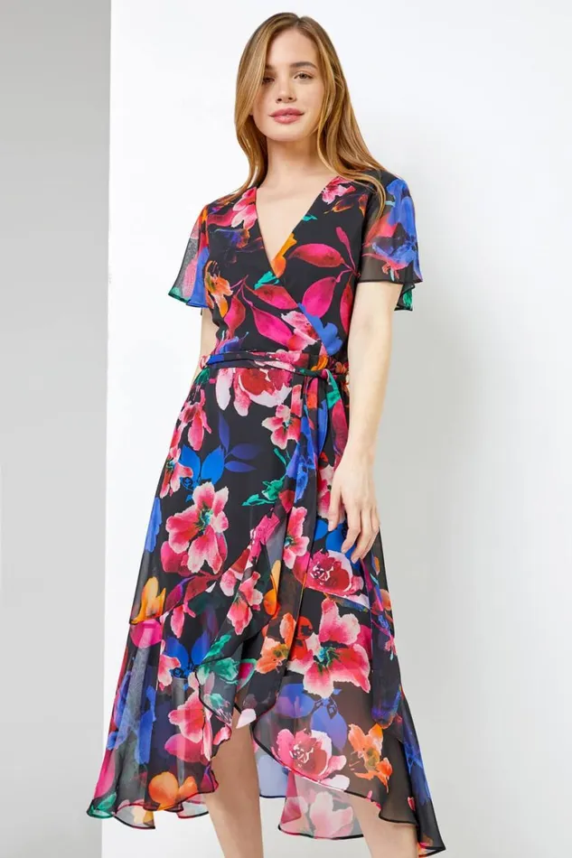 Women Black Petite Floral Chiffon Frill Wrap Dress Roman Dresses