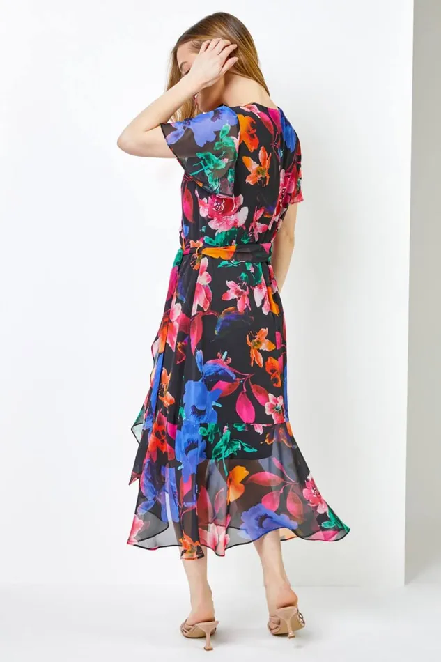 Women Black Petite Floral Chiffon Frill Wrap Dress Roman Dresses