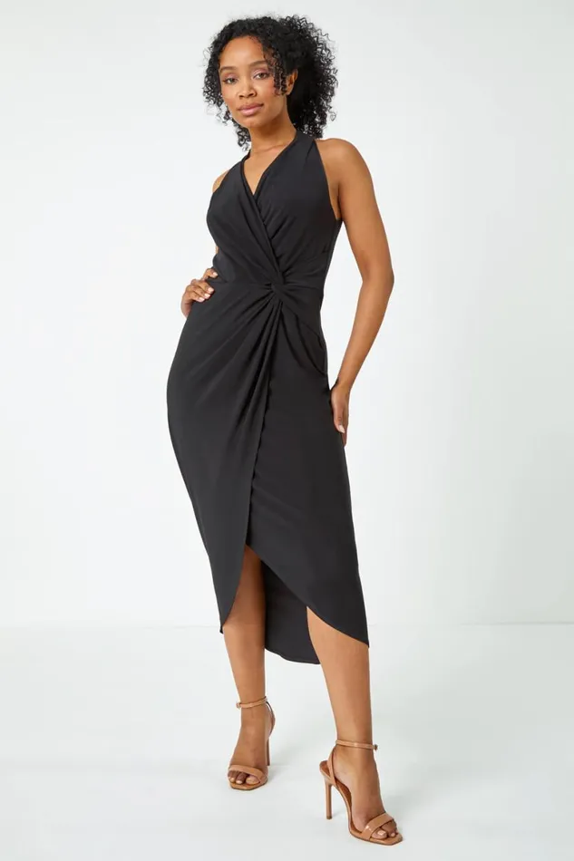 Women Black Petite Halter Neck Twist Wrap Dress Roman Dresses
