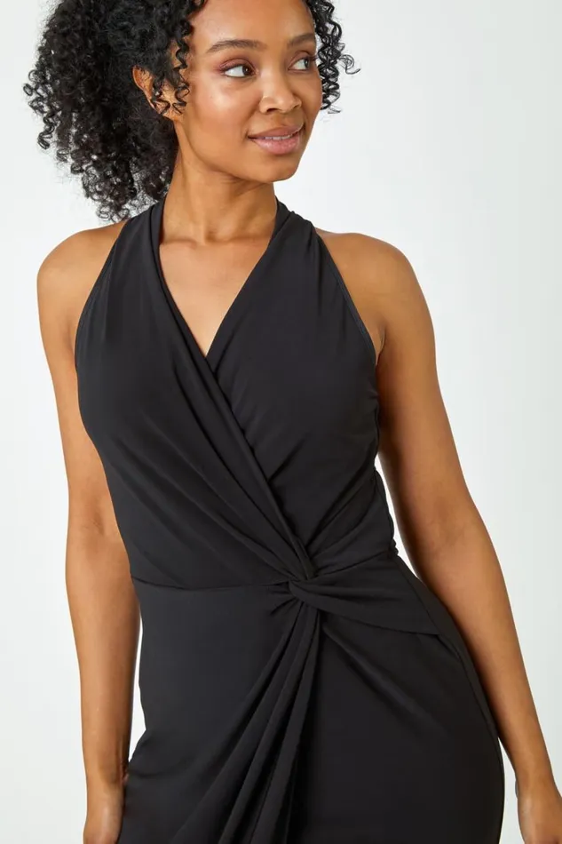 Women Black Petite Halter Neck Twist Wrap Dress Roman Dresses