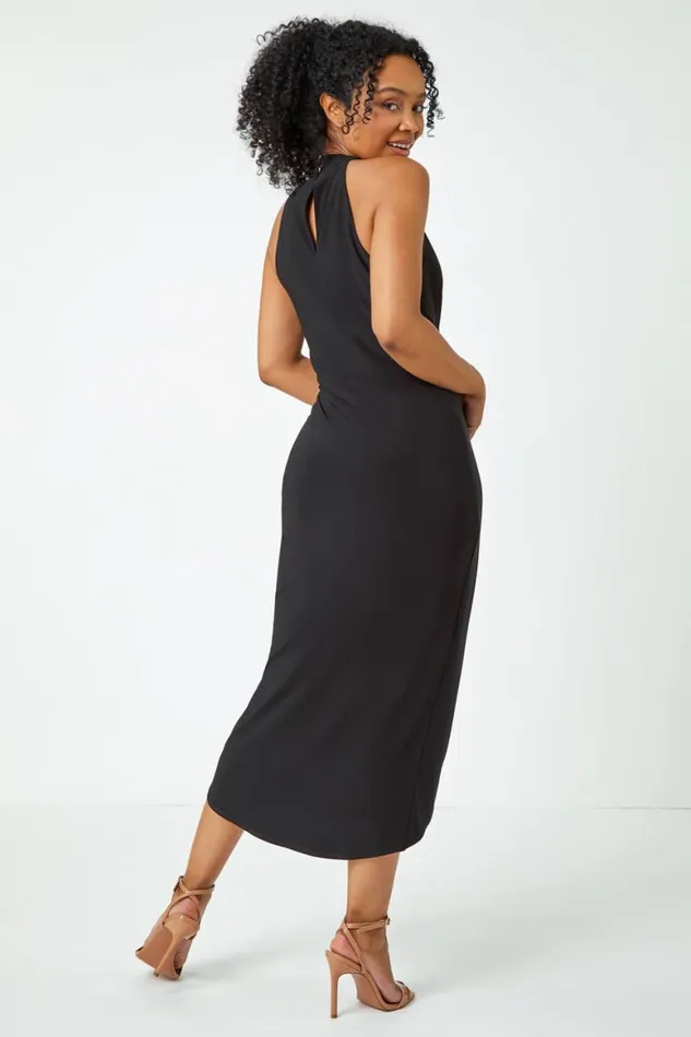 Women Black Petite Halter Neck Twist Wrap Dress Roman Dresses