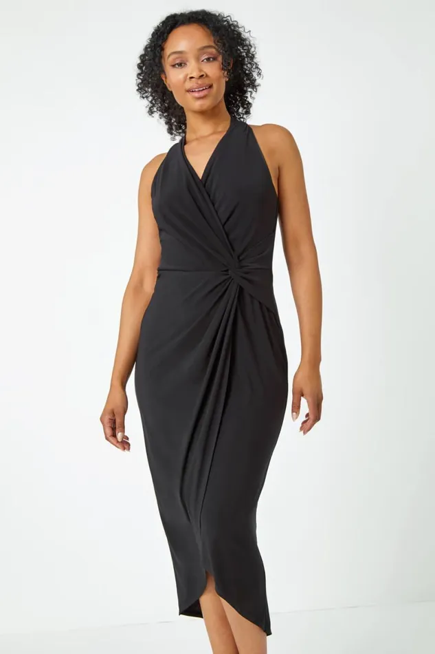 Women Black Petite Halter Neck Twist Wrap Dress Roman Dresses