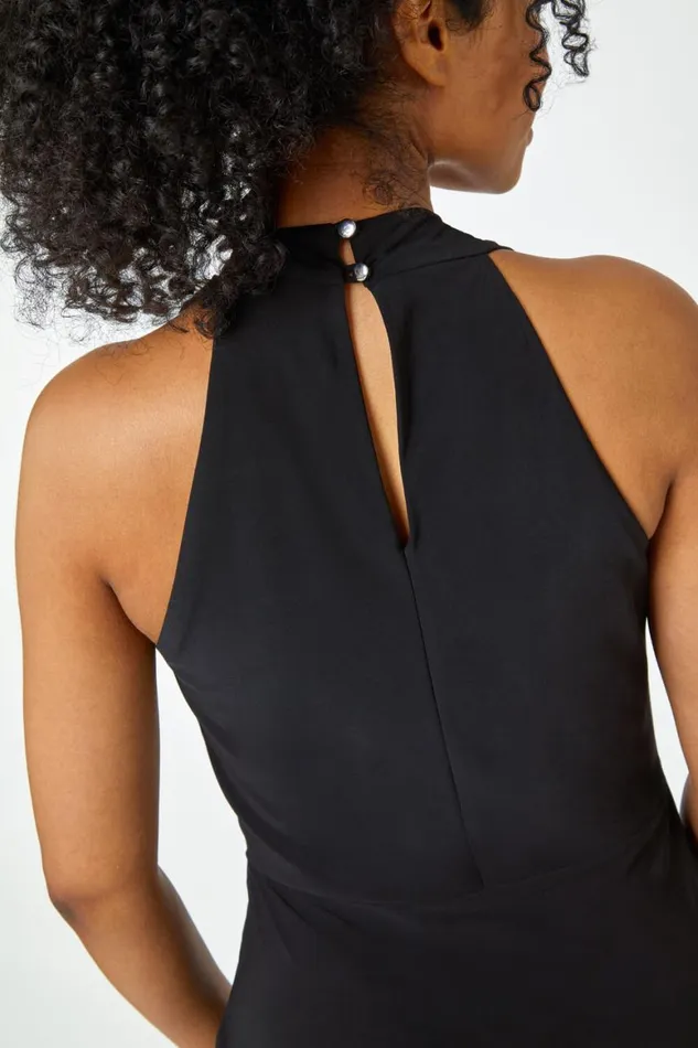 Women Black Petite Halter Neck Twist Wrap Dress Roman Dresses