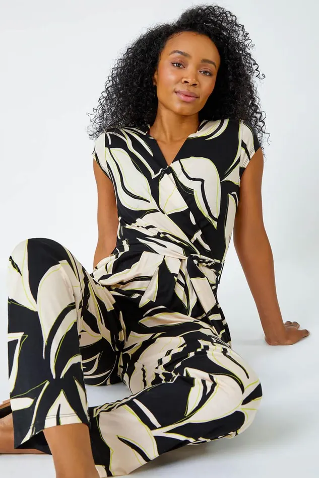Women Black Petite Leaf Print Stretch Jumpsuit Roman Occasionwear