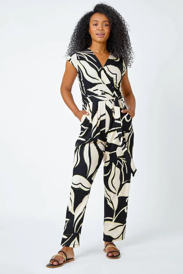Women Black Petite Leaf Print Stretch Jumpsuit Roman Occasionwear