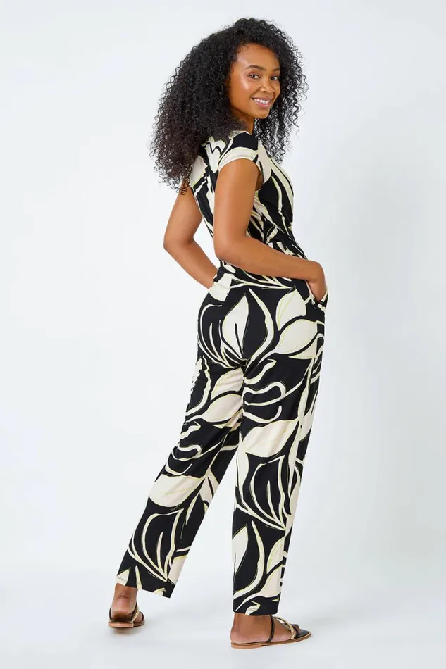 Women Black Petite Leaf Print Stretch Jumpsuit Roman Occasionwear
