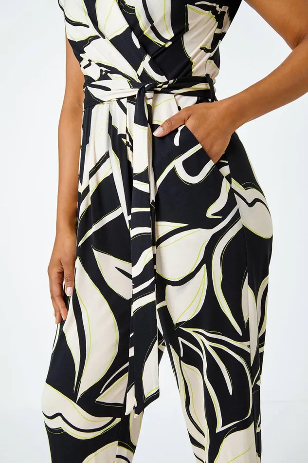 Women Black Petite Leaf Print Stretch Jumpsuit Roman Occasionwear