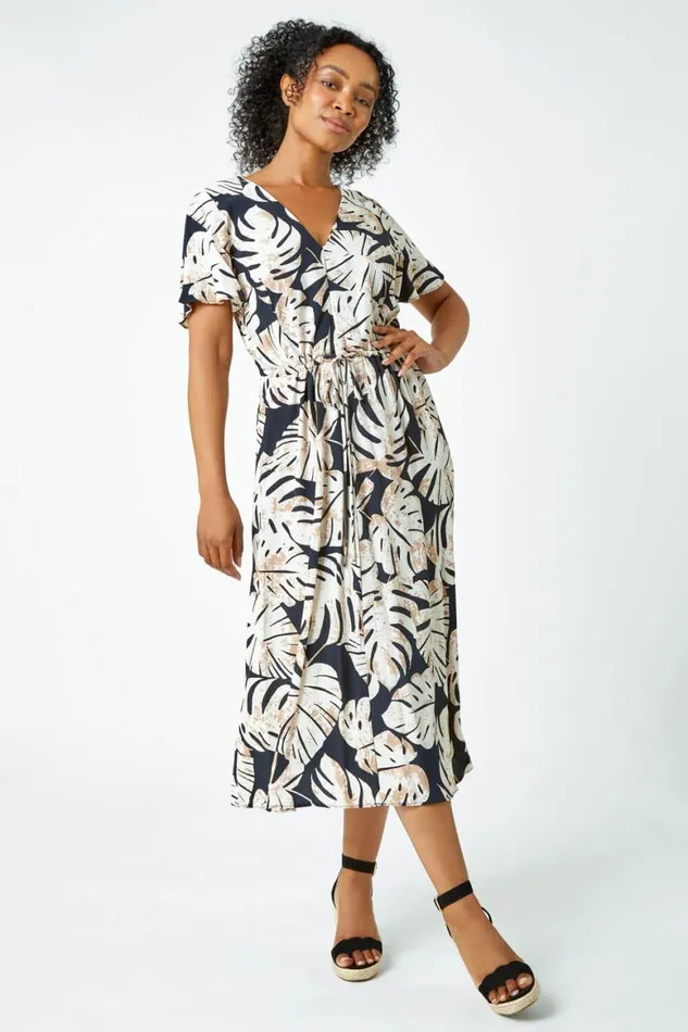 Women Black Petite Leaf Print Tie Waist Maxi Dress Roman Dresses