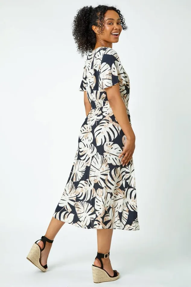 Women Black Petite Leaf Print Tie Waist Maxi Dress Roman Dresses