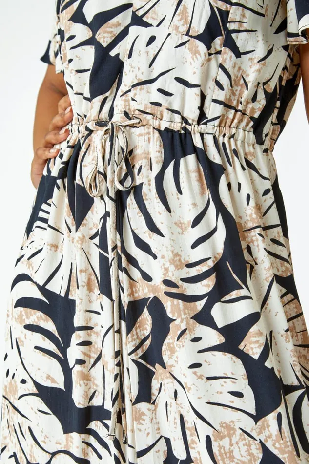 Women Black Petite Leaf Print Tie Waist Maxi Dress Roman Dresses
