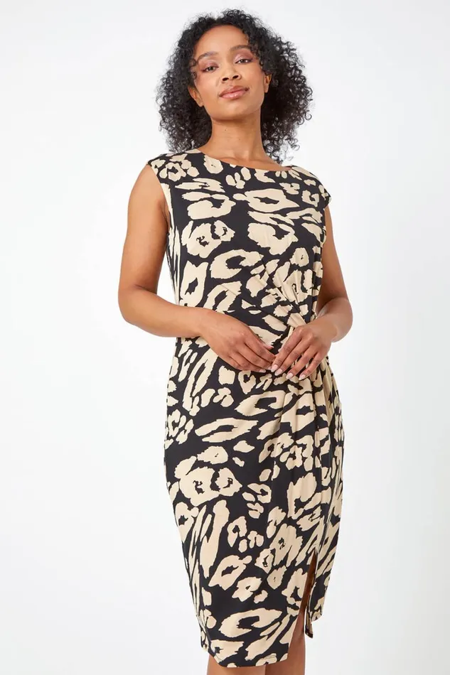 Women Black Petite Leopard Print Side Knot Ruched Dress Roman Dresses