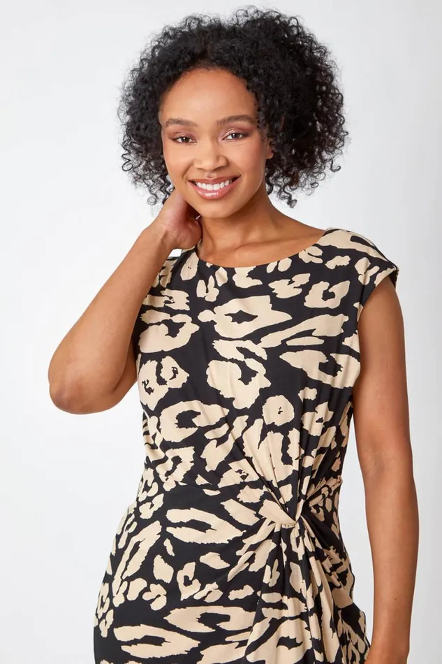 Women Black Petite Leopard Print Side Knot Ruched Dress Roman Dresses