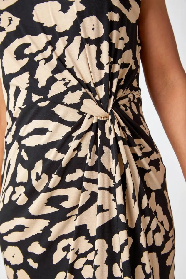 Women Black Petite Leopard Print Side Knot Ruched Dress Roman Dresses