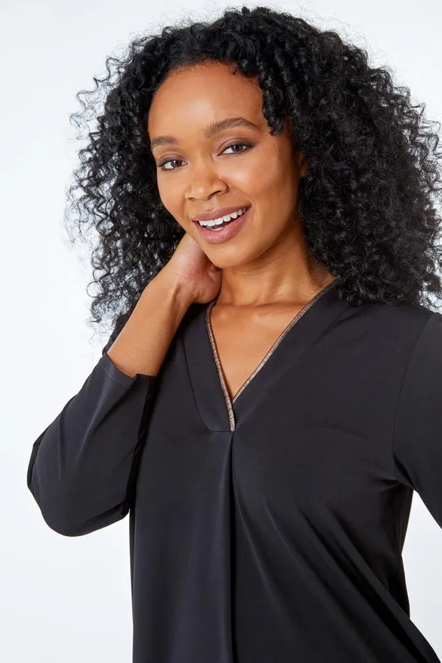 Women Black Petite Metallic Trim VNeck Jersey Top Roman Tops