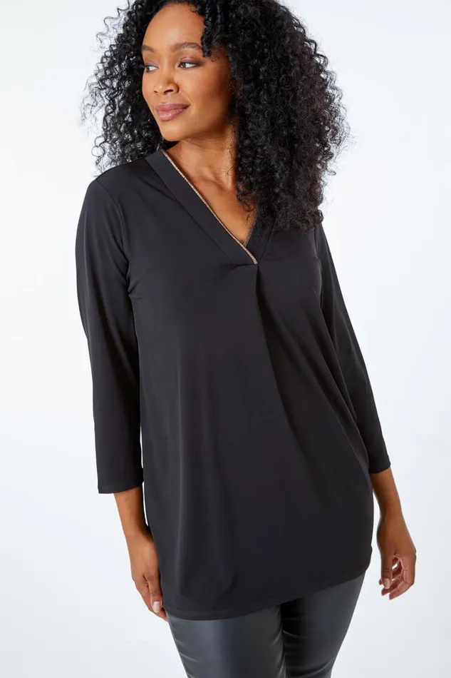 Women Black Petite Metallic Trim VNeck Jersey Top Roman Tops