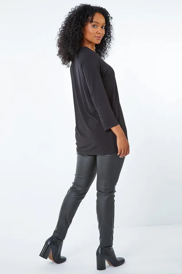 Women Black Petite Metallic Trim VNeck Jersey Top Roman Tops