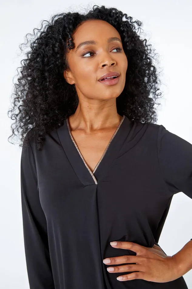 Women Black Petite Metallic Trim VNeck Jersey Top Roman Tops