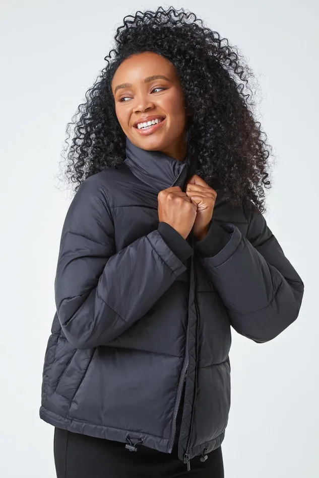 Women Black Petite Padded Puffer Coat Roman Coats