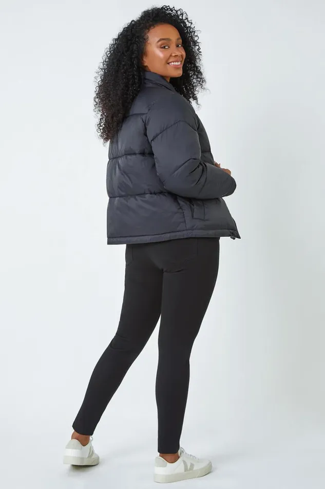 Women Black Petite Padded Puffer Coat Roman Coats
