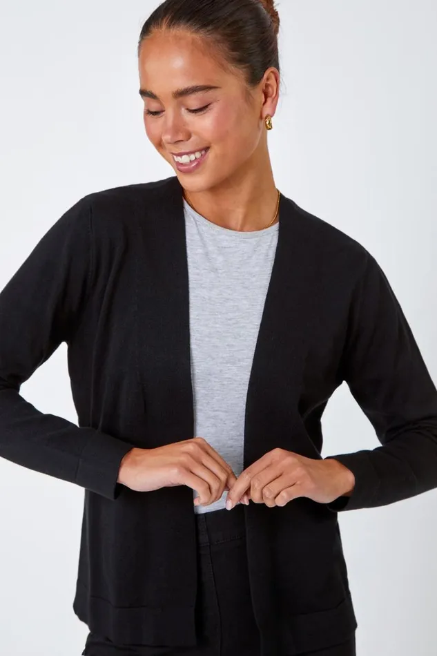 Women Black Petite Plain Stretch Cardigan Roman Knitwear