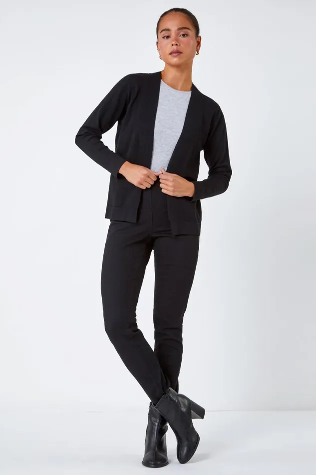 Women Black Petite Plain Stretch Cardigan Roman Knitwear