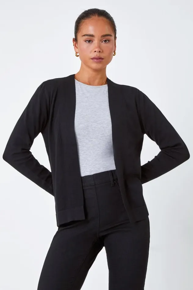 Women Black Petite Plain Stretch Cardigan Roman Knitwear