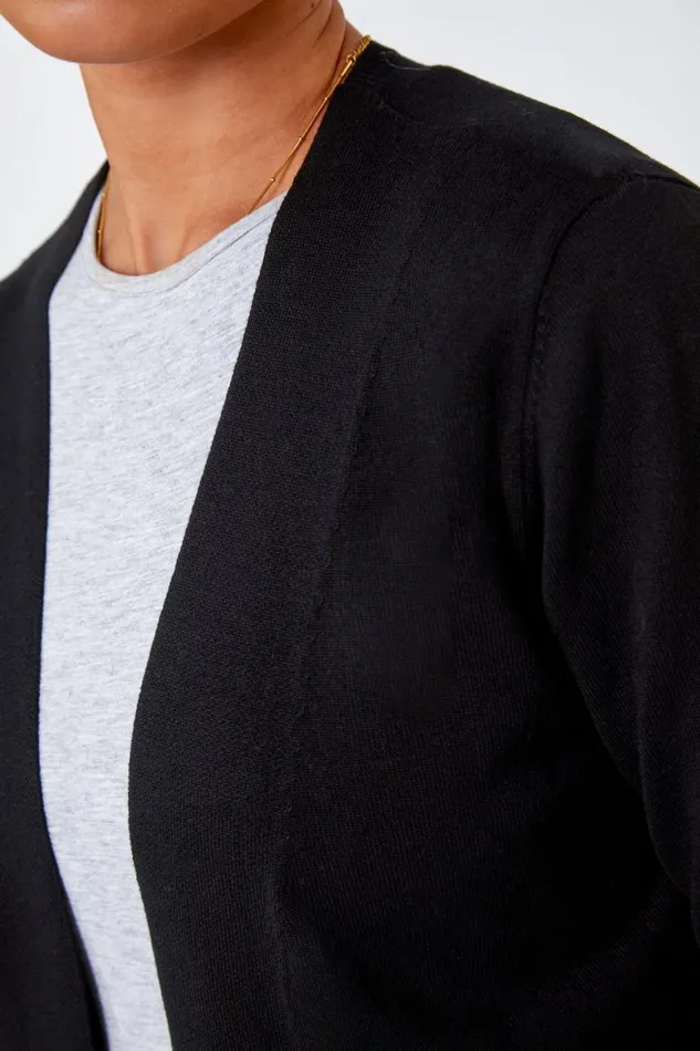 Women Black Petite Plain Stretch Cardigan Roman Knitwear