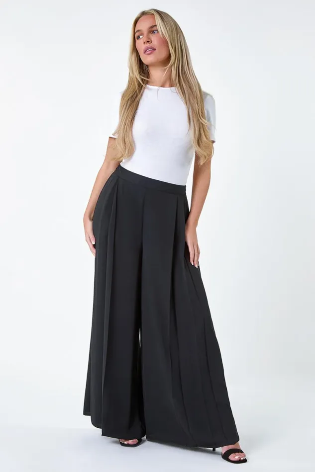 Women Black Petite Pleat Side Wide Leg Trousers Roman Trousers