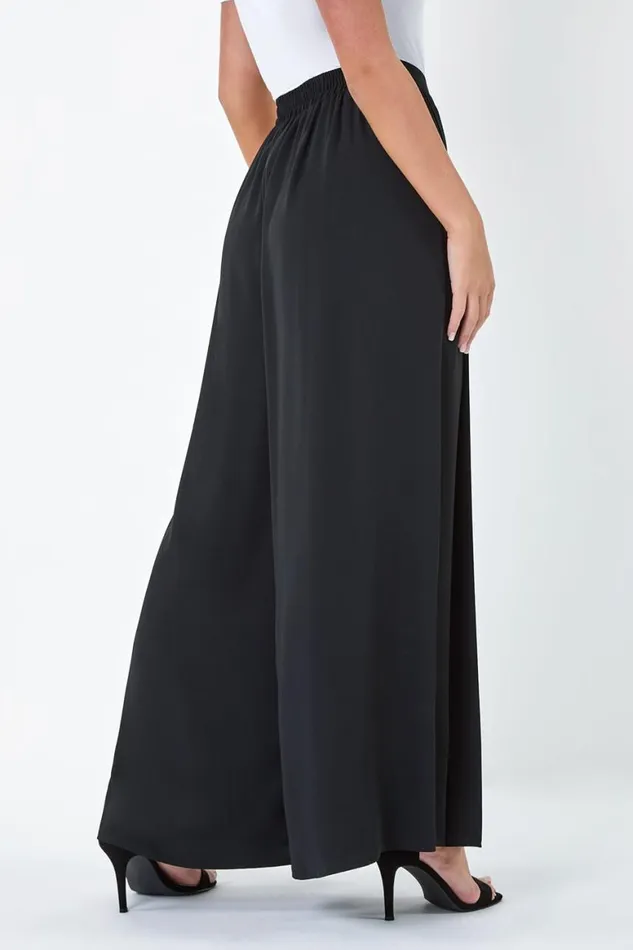 Women Black Petite Pleat Side Wide Leg Trousers Roman Trousers
