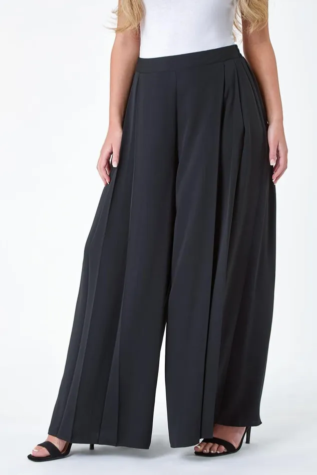 Women Black Petite Pleat Side Wide Leg Trousers Roman Trousers