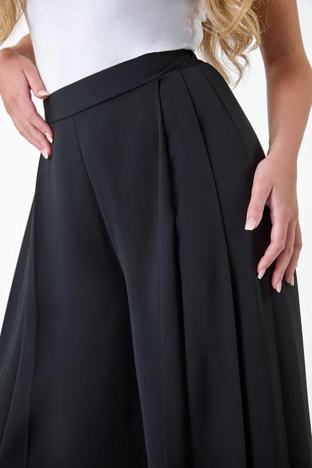 Women Black Petite Pleat Side Wide Leg Trousers Roman Trousers
