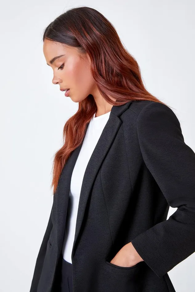 Women Black Petite Pocket Detail Stretch Blazer Roman Occasionwear