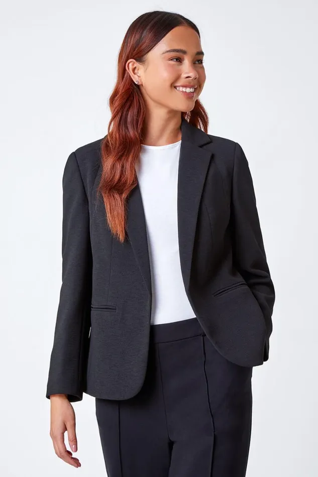 Women Black Petite Pocket Detail Stretch Blazer Roman Occasionwear