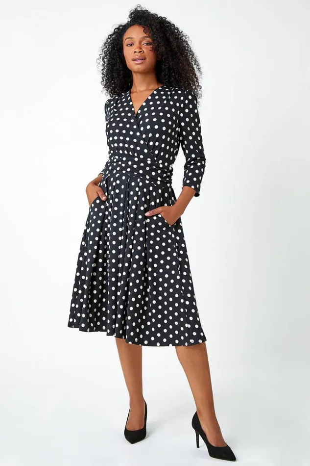 Women Black Petite Polka Dot Midi Stretch Dress Roman Dresses