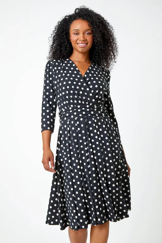 Women Black Petite Polka Dot Midi Stretch Dress Roman Dresses