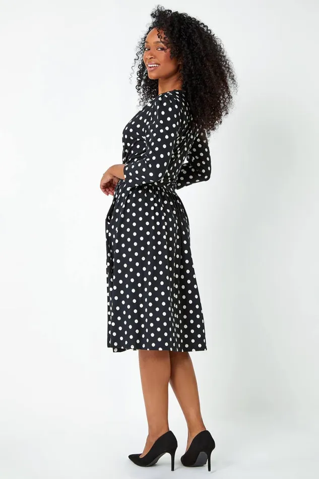 Women Black Petite Polka Dot Midi Stretch Dress Roman Dresses