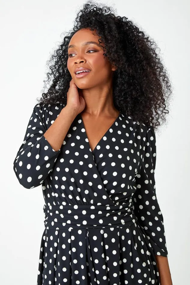 Women Black Petite Polka Dot Midi Stretch Dress Roman Dresses