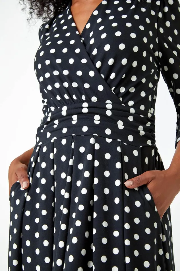 Women Black Petite Polka Dot Midi Stretch Dress Roman Dresses