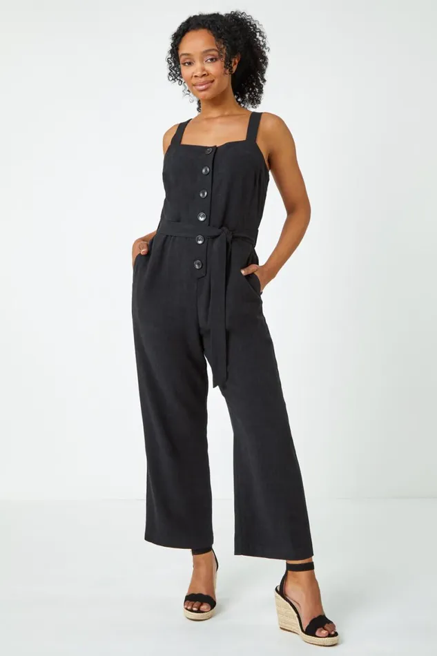 Women Black Petite Sleeveless Linen Blend Jumpsuit Roman Dresses