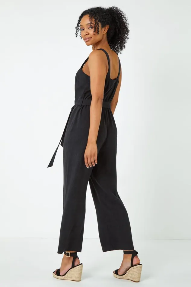 Women Black Petite Sleeveless Linen Blend Jumpsuit Roman Dresses