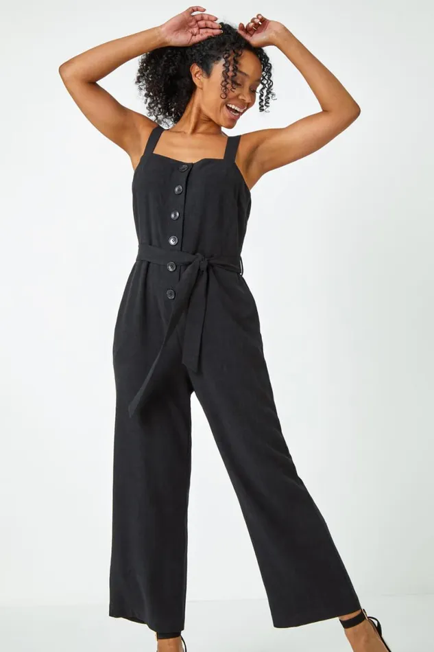 Women Black Petite Sleeveless Linen Blend Jumpsuit Roman Dresses