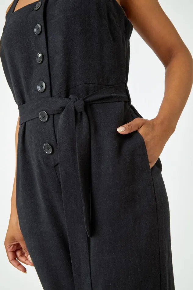Women Black Petite Sleeveless Linen Blend Jumpsuit Roman Dresses
